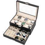 Voova Watch Boxes Organiser Jewellery Box for Men Women,2 Layer Large 12 Slot PU Leather Watch Storage Case, Glass Top Jewelry Display Holder for Watches Sunglasses Rings Necklaces Bracelets,Black