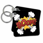 3dRose Boom Red Lettering with Smoke on Yellow and Black Background Keyring, 6 cm, Varies