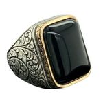 Men Handmade Ring, Natural Onyx Stone Ring, Black Onyx Ring, Ottoman Style Embroidered Ring, 925k Sterling Silver Ring, Gift For Him