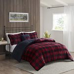 Woolrich Reversible Comforter Set Ultra Soft Plush to Sherpa, Down Alternative, Cold Weather Winter Warm Bedding, with Matching Sham, Decorative Pillow Red/Black Buffalo Check King 4 Piece