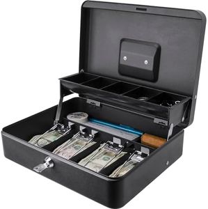 BARSKA CB13054 Key Lock 12" Register Style Cash Box with 4 Bill Holder and 5 Section Tray, Black, 9.5" x 12" x 3.5"