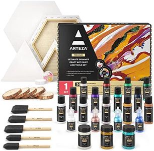 Arteza Acrylic Pouring Paint Kit, 36 Pieces, Bright and Iridescent Pouring Paint, Pearlized Paint, 3D Fabric Paint, Chunky Glitter, Wood Slices, Canvases, and Foam Brushes, Art Supplies for Painters
