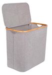 BIRDROCK HOME Bamboo & Canvas Hamper | Single Laundry Basket with Lid | Modern Foldable Hamper | Cut Out Handles | Grey Narrow Design | Great for Kids Adults