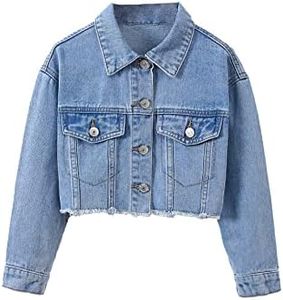 Verdusa Girl's Raw Hem Long Sleeve Single Breasted Crop Denim Jacket Outerwear Light Blue 8Y