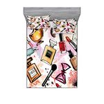 Ambesonne Fashion Fitted Sheet & Pillow Sham Set for Bedroom and Dorm Cosmetic and Makeup Theme Pattern Perfume Lipstick Nail Polish Brush Decorative Printed 3 Piece Bedding Decor, Queen, Coral White