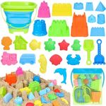 Collapsible Beach Toys Set for Kids Toddlers, Travel Sand Castle Toys for Beach with Mesh Bag & Sand Molds, Collapsible Sand Bucket and Shovel Set for Kids, Sandbox Toys for Toddlers Kids Age 3-12