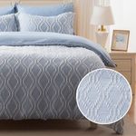 EMME Duvet Cover Set Microfiber, Tufted Queen Duvet Cover Set, Boho Bedding Sets Queen for All Seasons, 3 Pieces Embroidery Chic Duvet Cover Full, 1 Duvet Cover + 2 Pillowcases (Blue & White, Queen)