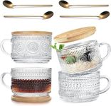 4 Pcs Vintage Glass Coffee Mugs, Overnight Oats Containers with Lids and Spoons, 14oz Clear Glass Tea Cups, Cute Coffee Bar Accessories, Iced Coffee Glasses, Ideal for Cappuccino, Tea, Latte, Oats (4)