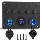 IP65 Waterproof 12V/24V Toggle Switch Panel, Dual USB Charger Port 4.2A + Lighter Socket + Digital Voltmeter Display, Car Rocker Switches for Boat Car RV Vehicles Truck Circuit Control