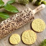 DAMASCUS ROSES Embossed Rolling Pin. Wooden Embossing Dough Roller for Cookies and Ceramic by Algis Crafts