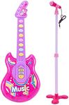 Coherny Microphone Guitar Musical Set for Kids Guitar Toy with Microphone Electric Guitar with Music Lights and Sounds Multiple Modes for Boys and Girls Gift Kits 19Inch (Pink)