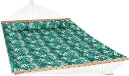 Sunnydaze Quilted Outdoor Hammock with Spreader Bars - Heavy-Duty 450-Pound Capacity Double Hammock for Outside - Green Palm Leaves