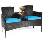 DORTALA Outdoor Patio Loveseat, Wicker Conversation Set with Cushions and Built-in Coffee Table, 2 Person Rattan Seating for Garden Lawn Backyard, Dark Brown+Turquoise