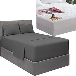 Mellanni Extra Deep Pocket Sheet Set + Waterproof Mattress Pad Bundle - Queen, Gray & White