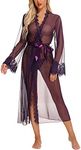 RSLOVE Lingerie for Women Sexy Long Lace Kimono Robe Mesh Chemise Sheer Gown Cover Up Purple XL
