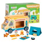 Wooden Camper Toy Set with Figures, Tent, Guitar, Surfboards & Campfire for Kids Ages 3+