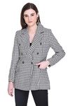 HONNETE Winter Black Grey Check Double Breasted Button Coat for Women's