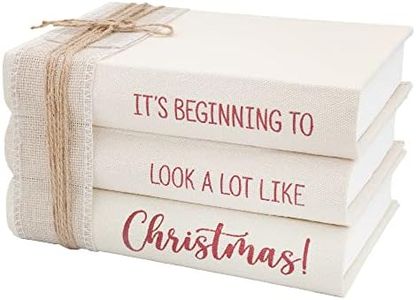 AuldHome Christmas Faux Book Stack; Decorative Holiday Book Set with Burlap Ribbon Wrap