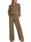 Aleumdr Two Piece Outfit Sweatsuit Wide Leg Sweatpant Lounge Matching Sets Fleece Womens Lounge Set Half Zip Sweatshirt Oversized Pullover Tracksuit 2024 Fall Travel Clothing Brown