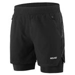 Lixada 2 in 1 shorts men Quick Drying Breathable Active Training Exercise Jogging Marathon Cycling Work-Out Shorts with Zipper Side Pockets Longer Liner & Reflective Elements (Black, M)