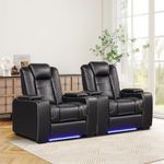 ANJ Power Home Theater Seating Set of 2, PU Leather Electric Recliner Chair with Adjustable Headrest, Movie Reclining Chairs with LED Lights,USB Port, Cup Holders, Hidden Arm Storage (Black)