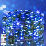 9.9 FT 60 LED Halloween Fairy Lights Battery Operated String Lights Green Copper Wire Christmas Lights with Remote Timer 8 Modes for Tree Greenery Bedroom Garland Wreath Garden Wedding Decoration Blue