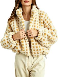 Esmeling Women’s Long Sleeve Cropped Sherpa Fleece Plaid Jacket Casual Chunky Teddy Fleece Outerwear (1024-Yellow-M)