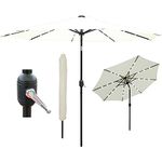 GlamHaus Garden Parasol Tilting Table Umbrella, LED Solar Lights, 2.7m, UV40+ Protection, Additional Parasol Protection Cover, Gardens, Patios (Cream)