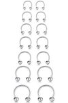 14Pcs 14/16/18/20Gauge 6/7/8/9/10/12/14mm Surgical Steel Horseshoe Septum Nose Ring Hoop Set, Externally Threaded Circular Curved Barbell Body Piercing Jewelry for Lip Eyebrow Nipple Daith Tragus