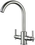 Funime® Brushed Kitchen Sink Taps Mixers Traditional Dual Lever Monobloc Swivel Spout Brass