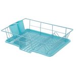 Space-Saving 3-Piece Dish Drainer Rack Set: Efficient Kitchen Organizer for Quick Drying and Storage - Includes Cutlery Holder and Drainboard - Maximize Countertop Space, Turquoise Blue