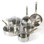 Martha Stewart Castelle 10 Piece Stainless Steel Induction Safe Pots and Pans Non-Toxic Kitchen Cookware Set - Gold Handles