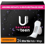 U by Kotex Balance Sized for Teens Ultra Thin Overnight Pads with Wings, 24 Count (Packaging May Vary)