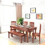 EBANSAL Wooden Dining Table 6 Seater | Dinner Table, 4 Chairs & 1 Bench | Soild Wood Sheesham, Honey Finish