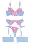 Aranmei Lingerie Set for Women 4 Piece Lingerie Set with Floral Embroidered Lace Sheer Underwire Bra with G-String Thigh Bands with Garter Belt Lingerie Set, Blue Pink, M