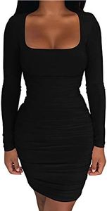 Kaximil Women's Sexy Bodycon Ruched Mini Club Dress Long Sleeve Basic Casual Dresses,Large,Black