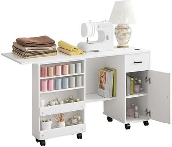 GAOMON Folding Sewing Machine Table with Storage Shelves and Sliding Drawer, Rolling Side Desk for Sewing Machine, Craft Station with Lockable Wheels for Home, Bedroom, Small Spaces, White