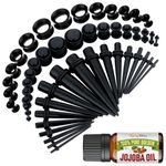 BodyJ4You 50PC Gauges Kit Ear Stretch Aftercare Jojoba Oil Wax 14G-12MM Black Tunnel Plug Taper Set