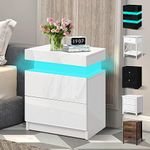 ELFORDSON LED Bedside Table with 2 Drawers and 1 Top Drawer, Bedside Cabinet with 4-side High Gloss, 16 RGB LED Colours, Side Table Nightstand for Bedroom Living Room Home Furniture, White