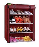 FLIPZON Multipurpose 4-Tiers Shoe Rack with Dustproof Zip Cover, Multiuse Wide Space Storage Rack made by Non Woven Fabric for footwear, Toys, clothes (4 Shelves) (Maroon), Plastic Non Woven