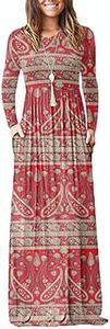 MISFAY Women's Long Sleeve Loose Plain Maxi Dresses Casual Long Dresses with Pocket, 2-ls Boho Floral Red, Large