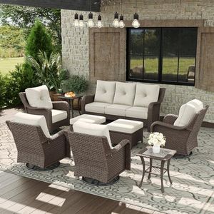 Aeeiua 9 Piece Patio Furniture Set, All-Weather Wicker Outdoor Conversation Set with Swivel Rocking Chair and 6 Inch Thick Cushions