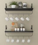 Godimerhea Coffee Mug Holder Wall Mounted, Rustic Kitchen Wall Shelves Storage Organizer Farmhouse Coffee Bar Accessories Floating Shelves with Hooks Set of 2, Black