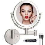 RECKODOR Wall Mounted Magnifying Mirror with Light, 8" Rechargeable 1X/5X Double Sided Makeup Mirror, 360 Swivel Extendable Shaving Mirror for Bathroom, Brushed Nickel