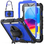 SEYMCY Case for iPad 10th Generation 10.9 inch 2022, Shockproof Case with Screen Protector, 360° Rotating Stand/Hand Strap, Carrying Strap, Pencil Holder, for iPad 10 Case A2696/A2757/A2777, Blue