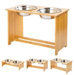 FOREYY Raised Pet Bowls for Cats and Small Dogs, Bamboo Elevated Dog Cat Food and Water Bowls Stand Feeder with 2 Stainless Steel Bowls and Anti Slip Feet (15''Tall-65 oz Bowl)