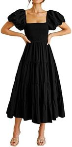 PRETTYGARDEN Women's Casual Summer Midi Dress Puffy Short Sleeve Square Neck Smocked Tiered Ruffle Dresses, Black, Large