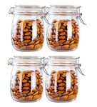 HEXONIQ® Airtight Glass Jar With Silicone Clamp Lids, Storage Container With Clear Preserving Seal Wire Clip Fastening For Kitchen Canning Cereal, Pasta, Sugar, Beans, Spice, Round, 750Ml, Pack of 4