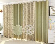 Stuffique Jacquard Eyelet 2 Leaves and 2 Texture Curtain Set of 4 Room-Darkening (Door-7 Feet, Green) Thick Fabric