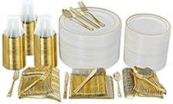 600 Piece Gold Dinnerware Party Set - 100 Guest | 100 Dinner Plastic Plates - 100 Salad Gold Plates- 100 Gold Plastic Silverware Set - 100 9 OZ Gold Plastic Cups | For Wedding, Birthday, Parties